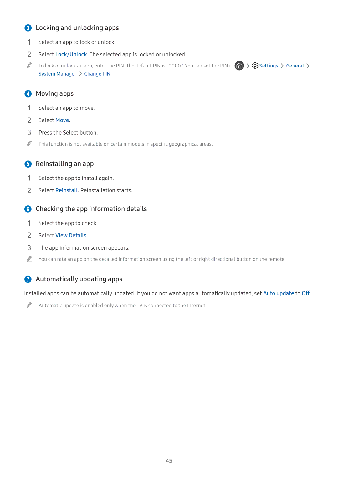 Samsung UA55M6000ARXUM manual  Locking and unlocking apps,  Moving apps,  Reinstalling an app,  Automatically updating apps 